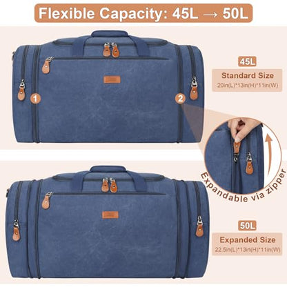 Canvas Mens Duffle Bag for Travel - Expandable 50L Weekender Bags with Toiletry Bag, Overnight Bag Travel Duffel Carry On Luggage with Removable Shoulder Strap, Durable & Water-Resistant - color: 6-Navy Blue