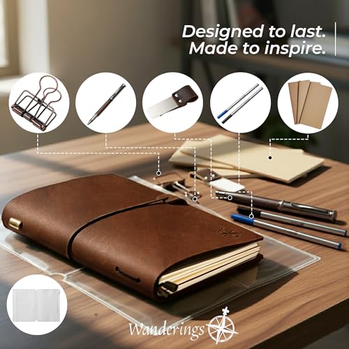 WANDERINGS A5 Travelers Notebook Bundle – 6" x 8.5" (15 x 22cm) – Genuine Leather Journal with Pen Holder, Pen, 2 Ink Refills, PVC Folder & Binder Clip - size: A5
