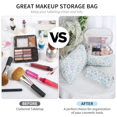 senbowe Floral Makeup Bag, 3 Pack Large Cotton Quilted Makeup Bag Set, Cute Floral Coquette Aesthetic Toiletry Bag Make Up Cosmetic Bag for Women, Toiletry Travel Make Up Organizer Bag - color: Blue-White