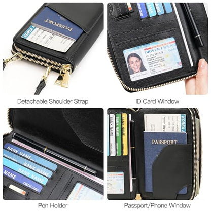 GOIACII Passport Wallet Travel Crossbody Bags for Women Wristlet Phone Purse Double Zip Vegan Leather Black - color: A02 Black