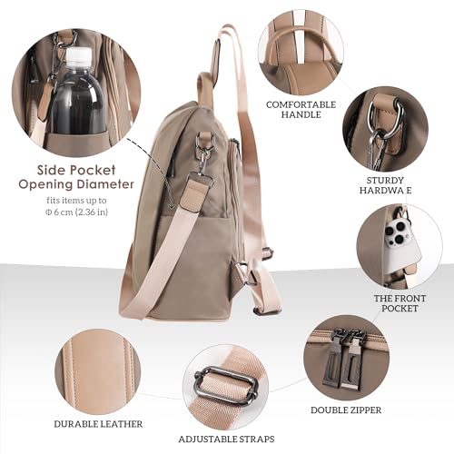 PINCNEL Women Khaki Medium Backpack Purse Waterproof Nylon Anti-theft Rucksack Lightweight Shoulder Bag - color: Khaki, size: Medium