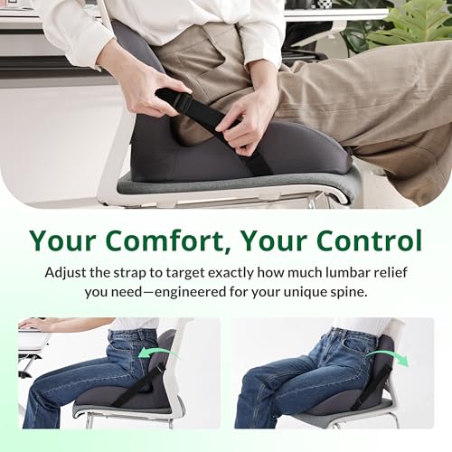 One-Piece Memory Foam Seat & Back Cushion - Lumbar Support, Adjustable Strap, Non-Slip Bottom - Breathable Removable Cover for Office Chair, Car, Truck (Grey) - color: Grey