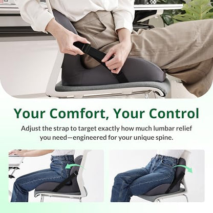 One-Piece Memory Foam Seat & Back Cushion - Lumbar Support, Adjustable Strap, Non-Slip Bottom - Breathable Removable Cover for Office Chair, Car, Truck (Grey) - color: Grey