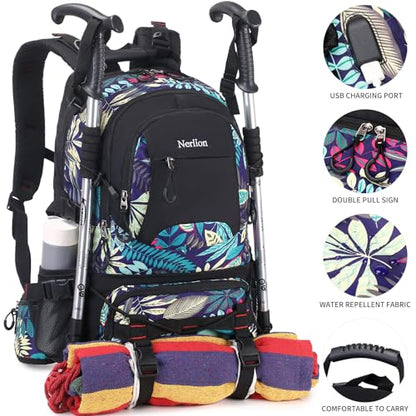 Nerlion 40L Hiking Backpack Travel Backpack for Men Women Camping Waterproof Outdoor Hiking Daypack Lightweight Backpack (Blue Leaves) - color: A6- Blue Leaves