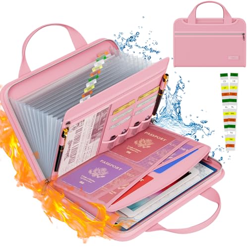 Tamfile Fireproof Accordion File Organizer with Handle, 13 Pocket Expanding File Folder with Zipper & Labels, File Folder with Multi-Pockets Paper Organizer Folder for Letter A4 Files, Pink - color: Pink, style: Clear Pocket