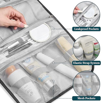 PAVILIA Hanging Toiletry Bag for Women Men, Large Foldable Toiletries Organizer with Hook, Water-Resistant Makeup Cosmetic Rollup Case, Clear Pockets for Bathroom, Gym, Cruise (Black) - color: Black