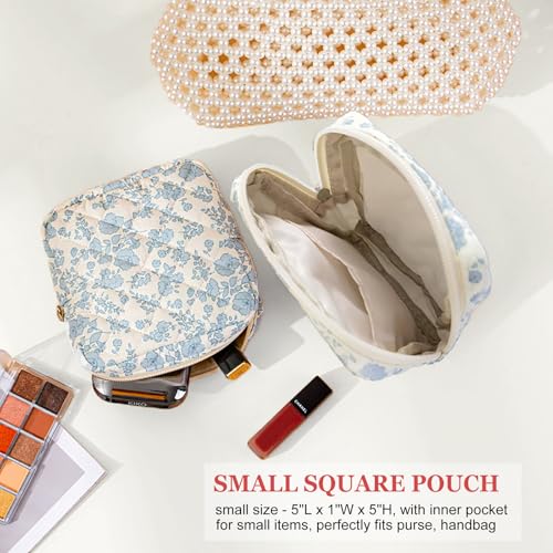 HAPPYHEIDI Quilted Nylon Drawstring Makeup Bag Set 2 Compartment Cosmetic Toiletry Travel Pouch, Purse Organizer, Creamy White Embroidery Bow - color: KJM-Quilted Cotton Pouch with Compartment Set of 2- Embroidery Bow