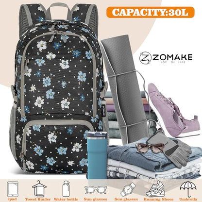 ZOMAKE Lightweight Packable Backpack 30L, Foldable Hiking Backpacks Water Resistant Compact Folding Daypack for Travel(Black,Floral pattern) - color: Black,floral Pattern