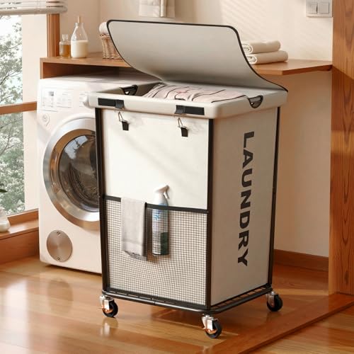 150L Laundry Basket with Wheels, Rolling Laundry Hamper with Cloth Cover, Laundry Cart with Metal Frame & Removable Bag, Large Dirty Clothes Hampers for Bedroom Aesthetic Laundry Room Bathroom, White - color: White, size: 150L