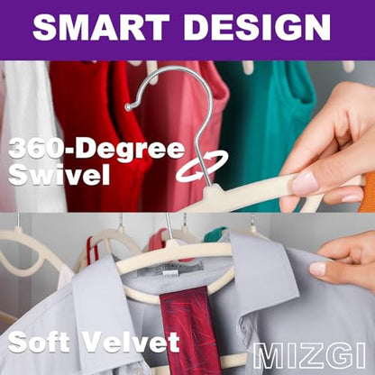 MIZGI Premium Velvet Hangers 50-Pack,No Shoulder Bump Hangers W/Tie Bar Ultra Thin Space Saving Non Slip Hanger Heavy Duty Felt Rounded Clothes Hanger for Sweaters,Coat,Jackets,Pants,Shirts - color: Ivory