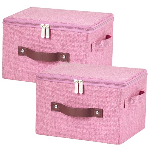 2 Pack Storage Bins with Zipper Lid Cotton Linen Fabric Lidded Storage Baskets Boxes Foldable Washable Closet Shelf Clothes Organizer Container with PU Leather Handles (Pink, Small) - color: Pink, size: Small ( Set of 2 )