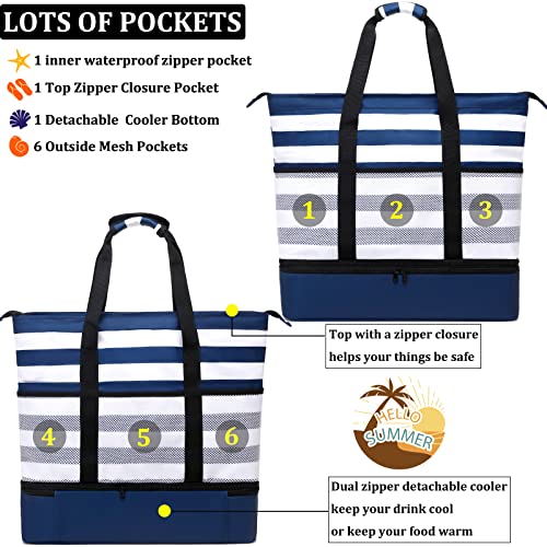 JIANYA Beach Bag Women Waterproof Sandproof Beach Tote Bags with Cooler Top Zipper Large Totes for Pool Travel Daily - color: Black Stripes