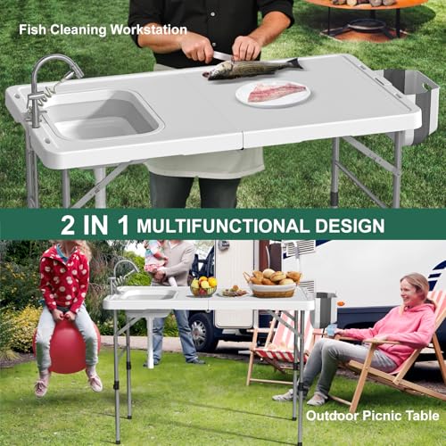 Folding Fish Cleaning Table with Sink, 50"x27" Bi-Folding Portable Camping Sink Station with Drain Hose, Trash Can, Gloves and Cleaning Kits, Foldable Outdoor Sink for Camping, Fishing, BBQ - style: Fish cleaning table Bi-Folding