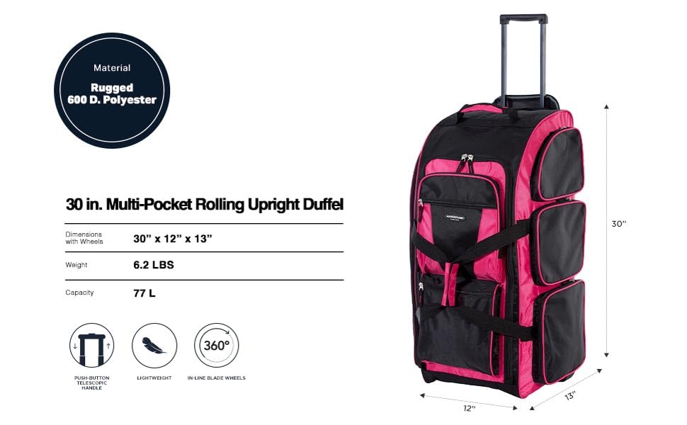 Travelers Club Xpedition 30 Inch Multi-Pocket Upright Rolling Duffel Bag - color: Hot Pink