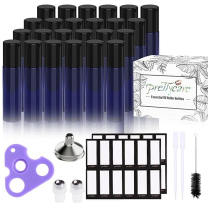 PrettyCare Roller Bottles For Oils 10 ml (Blue Glass, 24 Pack, 2 Extra Stainless Steel Balls, 2 droppers, 1 small brush, 24 Labels, 1 Opener, 1 Funnels Essential Oil Roller Bottles, Roller on Bottles - color: Blue with Black Cap, size: 24 Pack
