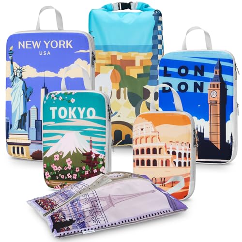 Gonex Compression Packing Cubes, 6pcs Expandable Storage Travel Luggage Bags Organizers with Shoe Bag Laundry Bag, Travel Cubes for Suitcase Carry On (Urban Landscape) - color: 6-Urban Landscape, size: 6 Set