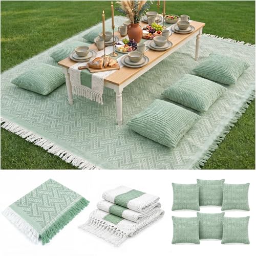 Extra Large Outdoor Rug Boho Picnic Blanket with Table Runner and 6 Throw Pillows Covers for Outdoor Essentials Beach Accessories Basket Set Oversized Manta Yard Outside Mat Wedding Party Decor - color: Sage Green