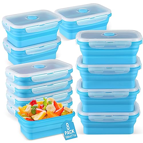 Mifoci Set of 8 Silicone Collapsible Bowls for Camping with Vent Lid Silicone Storage Containers for Food Meal Preparation Square Bowl Microwave Freezer Dishwasher Safe(Blue,17 Oz/ 500 ml) - color: Blue, size: 17 oz/ 500 ml