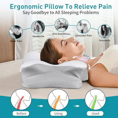 Cervical Neck Pillow for Pain Relief - Ergonomic Side Sleeper Pillow for Neck Support, Contour Pillow for Bed Sleeping, Cooling Memory Foam Pillows Orthopedic Pillow for Back Stomach Sleepers(White)
