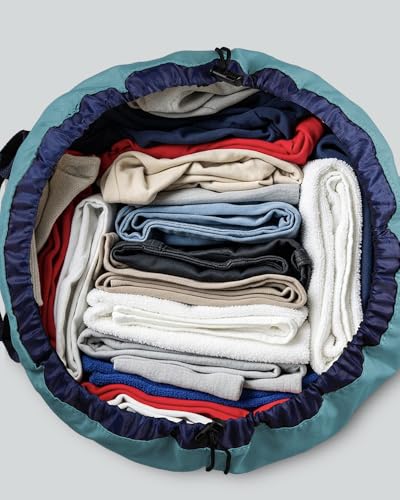 Laundry Bag with Shoulder Straps and Mesh Pocket Laundry Backpack Large Portable Laundry Hamper for College Laundromat Apartment - color: Lake Blue & Dark Blue