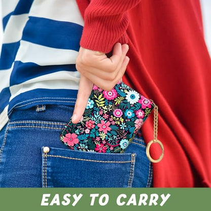 Aiawoxc Credit Card Holder, Small RFID Wallet Slim Leather Card Organizer Case with Zipper and Keychain, Elegant Flowers - color: B-Elegant Flowers, size: Keychain