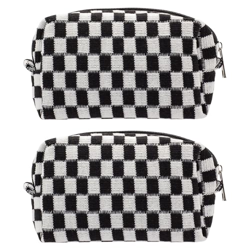 PAZIMIIK Checkered Makeup Bag for Purse Portable Zipper Make Up Pouch Small Cosmetic Case for Travel Accessories (2PCS Black) - color: BLACK, size: 2PCS BOX POUCH