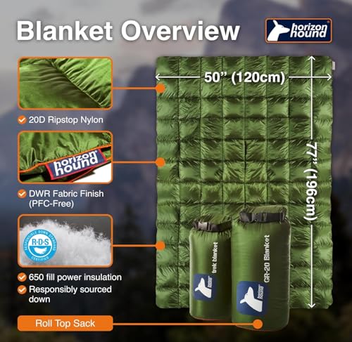 Horizon Hound Down Camping Blanket 650 Fill Power - Ultralight Backpacking Quilt (1lb 6oz) Warm & Water-Resistant 20D Nylon Shell for Outdoors, Camping, Hiking, Travel, & Stadium - Packable - color: Green