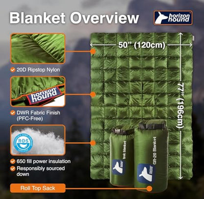 Horizon Hound Down Camping Blanket 650 Fill Power - Ultralight Backpacking Quilt (1lb 6oz) Warm & Water-Resistant 20D Nylon Shell for Outdoors, Camping, Hiking, Travel, & Stadium - Packable - color: Green