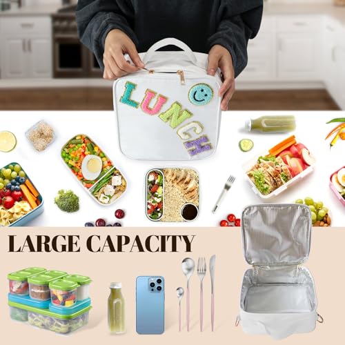 Insulated Lunch Bag With Adjustable Shoulder Strap, Nylon Preppy Lunch Box Large Insulated Lunch Bag Reusable Lunch Tote Bag with Smiley Preppy LunchBag for Girls School Travel Picnic (White) - color: White