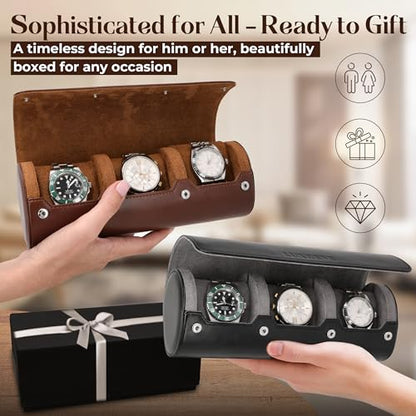 Luxury Father's Gift, Travel Watch Case 3 Slots, Bonus Pouch Included, Portable Organizer, PU Leather Watch Roll, Home Storage, Angled Easy-Removal Cushions, Scratch-Resistant Padded Velvet Lining - color: Black/Grey