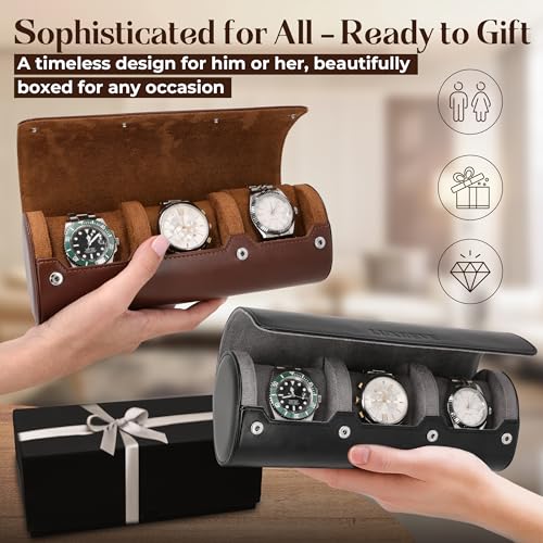 Luxury Father's Gift, Travel Watch Case 3 Slots, Bonus Pouch Included, Portable Organizer, PU Leather Watch Roll, Home Storage, Angled Easy-Removal Cushions, Scratch-Resistant Padded Velvet Lining - color: Brown/Light Brown