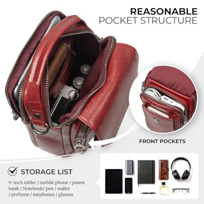 Augus Leather Small Messenger Bag For Men Crossbody Handbag Shoulder Sling Travel Bags for Men Purse Daypack Magnetic Buckle - color: Burgundy