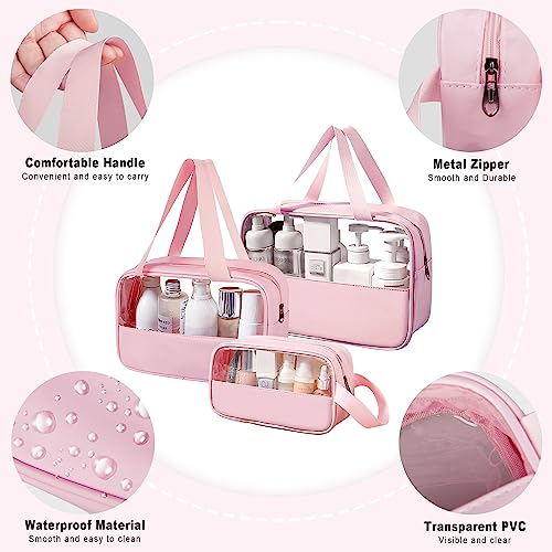 Clear Makeup Bag, 3 Pcs of Cosmetic Bags Set, Transparent PVC Travel Makeup Pouch, Waterproof Cute Toiletry Bag for Women (Pink) - color: Z-Pink-3pcs, style: 3pcs