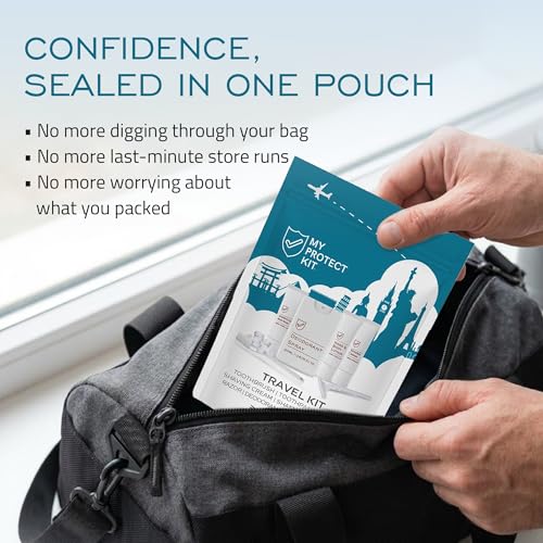 MY PROTECT KIT Travel Kit - 20 Pieces Travel Size Toiletries Set, Toothbrush, Shaver, Toothpaste Tablet, Shampoo & Body Wash, Shaving Cream, Lotion, Deodorant Spray, Pack of 1 - size: Travel Kit (Pack of 1)
