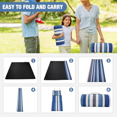 Picnic Blankets Outdoor Extra Large - 80"x80" Waterproof Beach Blanket, Machine Washable 3-Layer Foldable Park Mat with Sandproof Backing for Grass, Hiking, Travel, Concerts, Indoor (BlueStrip) - color: Blue