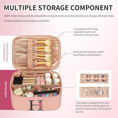OCHEAL Initial Makeup Bag,Monogram Make up Bag Pink Travel Makeup Organizer Case Beauty Toiletry Cosmetic Bag with Brush Holder, Trendy Stuff Personalized Gifts for Women and Girls-H - color: Pink, style: H