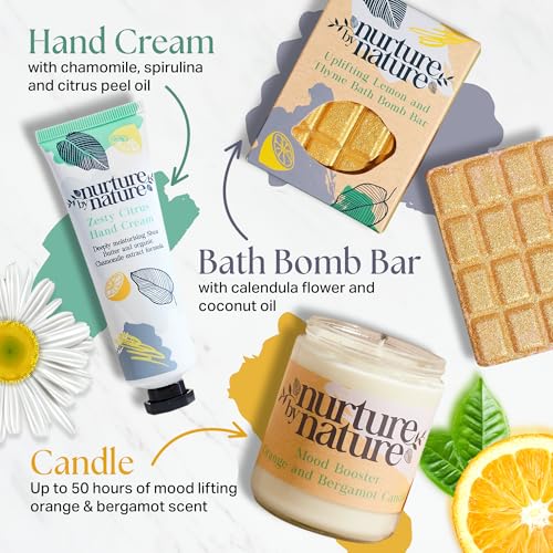 Nurture by Nature RELAX & UPLIFT Spa Kit for Women – Birthday Gifts for Women – 6 Piece Gift Basket with Hand Soap, Body Scrub, Hand Cream & More - Vegan Self Care Kit - Relaxation Gifts for Her