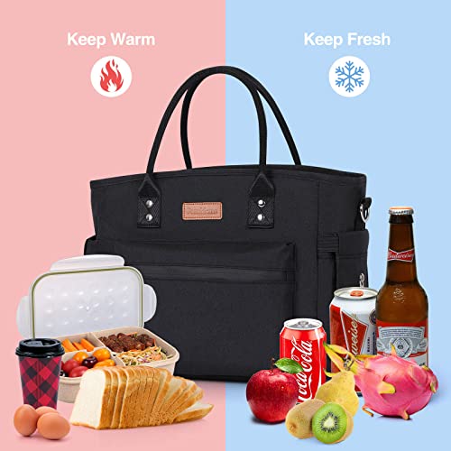 Insulated Lunch Bag for Women/Men,LeakProof Adult Lunch Box,Large Lunch Tote Bag with Removable Shoulder Strap,Portable Reusable Lunch Cooler Bag for Office Work Picnic Beach - color: Black