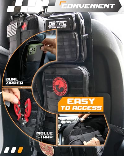 DBTAC Tactical Molle Car Seat Organizer | Vehicle Back Panel with 5X Detachable Pouches, US Flag & Writable Reflective Patch for Cars, Trucks, SUVs, Sedans - color: Black