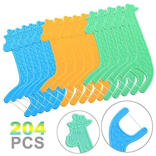 FAMILIFE Kid's Dental Floss Picks, Unflavored Tooth Pick Flossers Children with Portable Travel Cases Refills Pack, 204 Pcs - color: Giraffe 204 Pcs