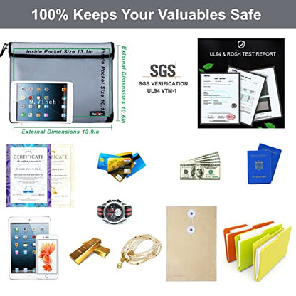Fireproof Waterproof Money Document Bag - with 4200°F Heat Insulated Safe Storage Pouch with Zipper Upgraded 8 Layers of Functional Material for Valuables (13.9"x10.6" Gray) - size: 13.9"x10.6"