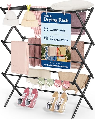 APEXCHASER Oversize Clothes Drying Rack, 3-Tier Drying Rack Clothing, Expandable Metal Laundry Drying Rack, Air Drying Rack, Clothes Rack, No install, 24lb Capacity, 14.9" D x 29.3" W x 39.3" H, Black - color: Black