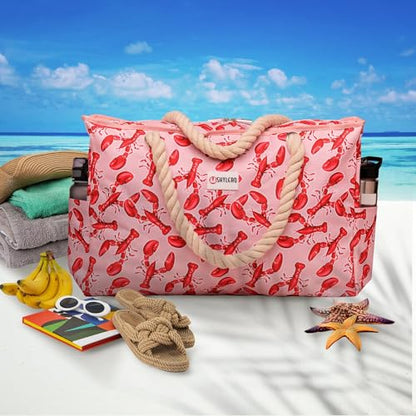 Beach Bag and Pool Bag Has Cooler Pocket, 7 Pockets Total, Zip Top. Family Size Waterproof Beach Tote - color: Lobsters