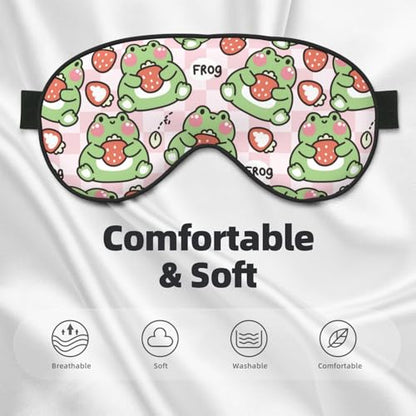 Sleep Eye Mask - Strawberry - Soft Art Silk - Adjustable - Breathable - Adults - color: Cute Frog Strawberry