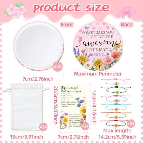 24 Sets Mothers Day Bulk Gifts - Inspirational Compact Mirror with Sunflower Bracelet Cards Mini Pocket Mirror for Appreciation Volunteer Admin Employee Teacher Nurse