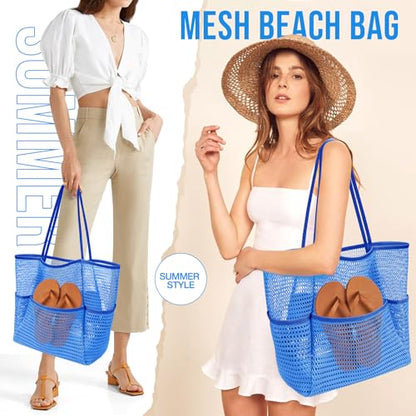 KPX Beach Bag with Mini Pocket, Summer Beach Tote Bags for Women Large Foldable Mesh Swimming Pool Travel Bags - Sandproof - color: Ocean Blue