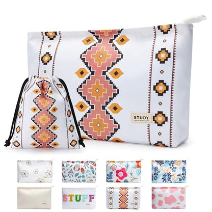 WLLWOO WLLWOO 2pcs Travel Make Up Bags-Cosmetic Bag Nylon Waterproof Large Wide Zipper Coin Purse Travel Toiletry Small Makeup Pouch For Women - color: Aztec Style