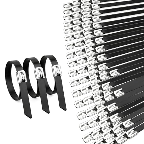 100 PCS 15.75 Inch Black Galvanized Steel Cable Ties Heavy Duty Metal Zip Ties, 304 Premium Rust Proof Self-Locking Steel Ties for Outdoor, Automotive, Fence, Pipes, Machinery - color: Black, size: 100PCS 3.1x15.75 Inch