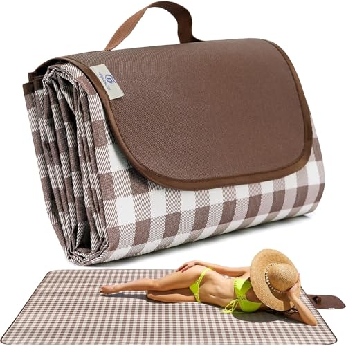 HX&OD Picnic Blanket Outdoor Extra Large Picnic Mat 80"X60" Camping Blanket Beach Blanket Foldable Waterproof Sand Mat Hiking Travel Family Concerts(Brown) - color: Brown, size: 80”x 60”