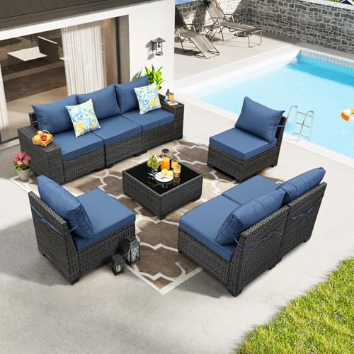 JOYURE 8 Pieces Patio Furniture Set All-Weather Outdoor Wicker Sectional Conversation Sofa Rattan Patio Seating Sofa with Cushion and Glass Table for Porch Poolside,Navy - color: Navy, size: 8 pieces set